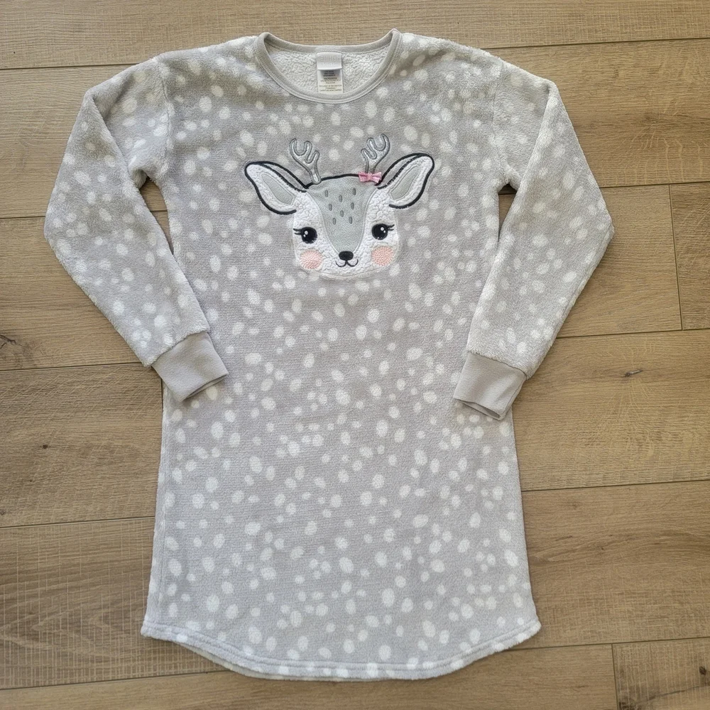 Jellyfish Girls Large Fleece Nightgown Gray Polkadotted Deer Cozy Pajamas